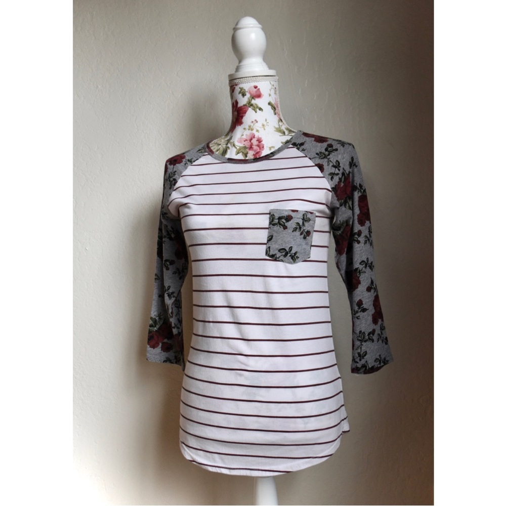 Empire Floral Rose Burgundy Stripe Raglan Tee